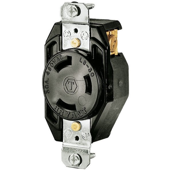 Bryant Flush Receptacle, 30A 480V AC, 2-Pole 3-Wire Grounding, L8-30R, Screw Terminal, White 70830FR